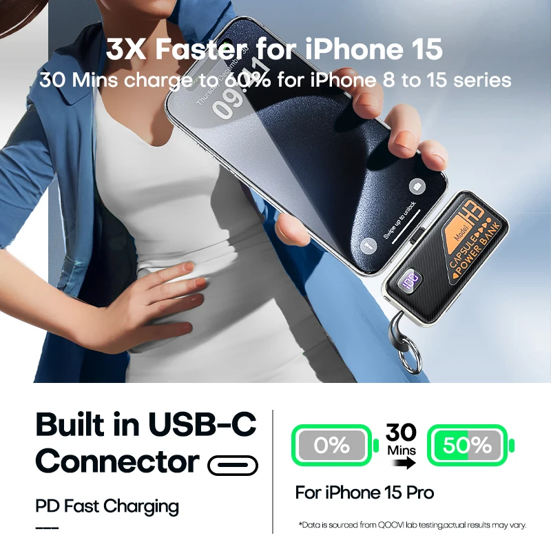 QOOVI Mini Powerbank 5000mah Built-in Cable PD 20W Portable Charger Fast Charging For iPhone 15 Samsung Xiaomi External Battery - Image 2