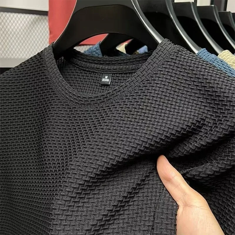 Mesh Ice Silk T-shirt Men's Short sleeved Round Neck New T-sleeved Men's Bottom Shirt Summer Solid Color Men's Top