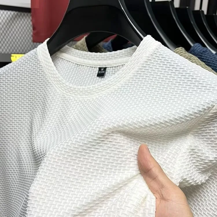 Mesh Ice Silk T-shirt Men's Short sleeved Round Neck New T-sleeved Men's Bottom Shirt Summer Solid Color Men's Top - Image 9
