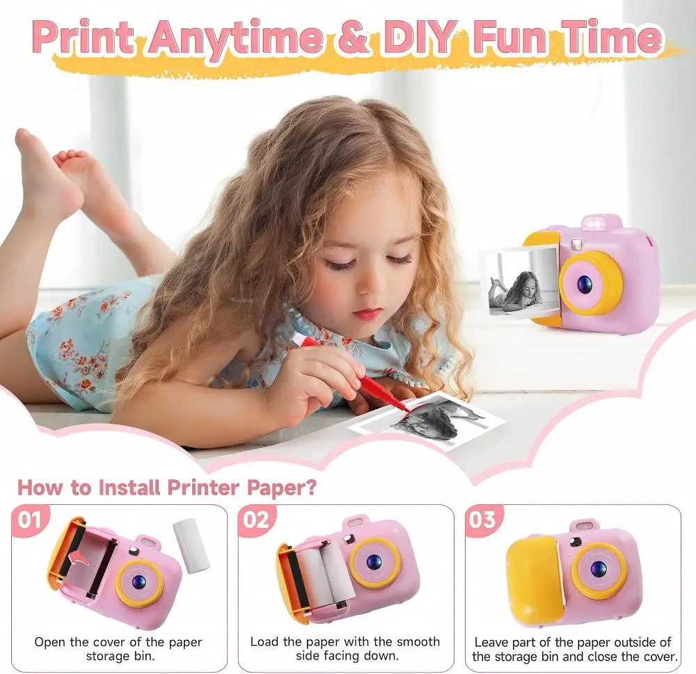 Instant Printing Camera Toys For Children Girls 12MP 1080P Digital Camera LED Fill Light 16X Thermal Zoom With 32GB TF Card Type C Educational Toys - Image 6