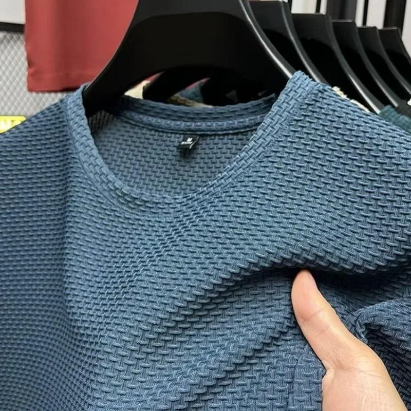 Mesh Ice Silk T-shirt Men's Short sleeved Round Neck New T-sleeved Men's Bottom Shirt Summer Solid Color Men's Top - Image 3