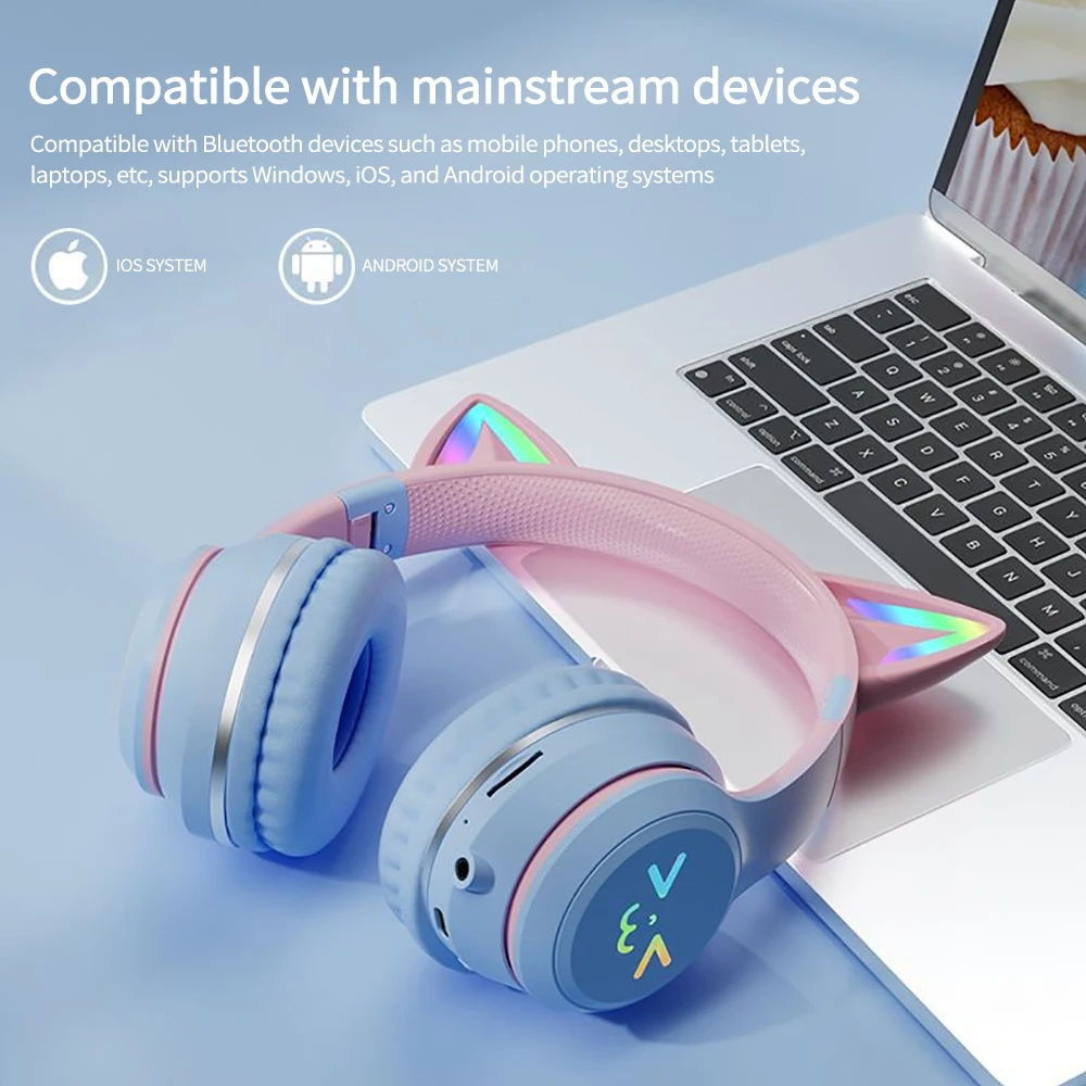 Gradient wireless Headphones RGB cute cat ear Bluetooth Earphones with microphone Stereo Music Game Earphone Girls Kids Gifts - Image 2