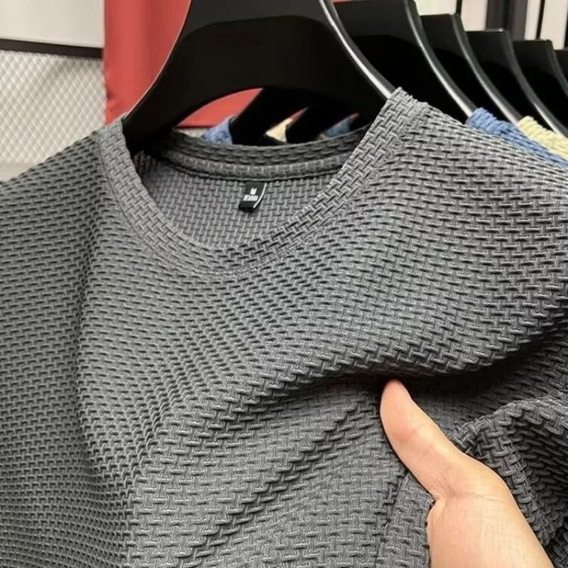 Mesh Ice Silk T-shirt Men's Short sleeved Round Neck New T-sleeved Men's Bottom Shirt Summer Solid Color Men's Top - Image 4