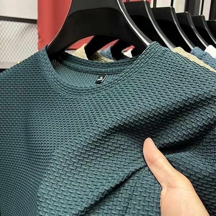 Mesh Ice Silk T-shirt Men's Short sleeved Round Neck New T-sleeved Men's Bottom Shirt Summer Solid Color Men's Top - Image 7