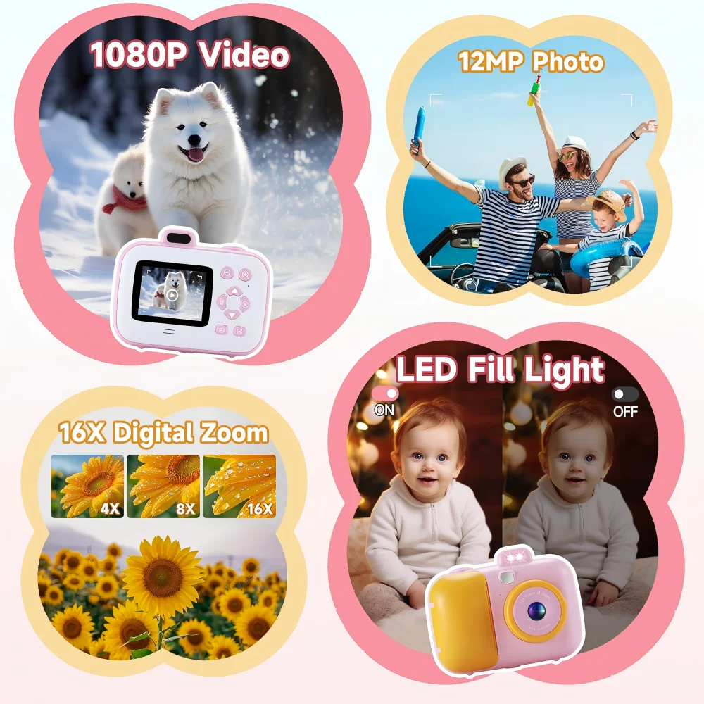 Instant Printing Camera Toys For Children Girls 12MP 1080P Digital Camera LED Fill Light 16X Thermal Zoom With 32GB TF Card Type C Educational Toys - Image 4