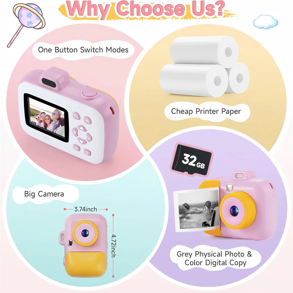 Instant Printing Camera Toys For Children Girls 12MP 1080P Digital Camera LED Fill Light 16X Thermal Zoom With 32GB TF Card Type C Educational Toys - Image 3